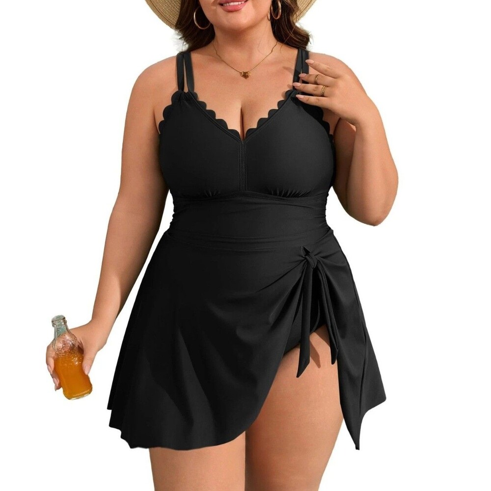 Plus Size Swimsuit 2X Charmo Womens Swim Dress Scalloped 1 Piece Tummy Control